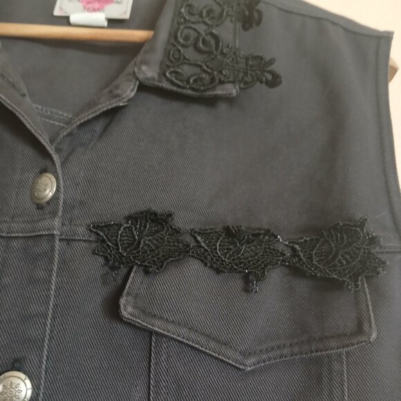 Vintage St Joanne Jeans Black Embroidered Denim Vest Women's XL - Picture 6 of 7